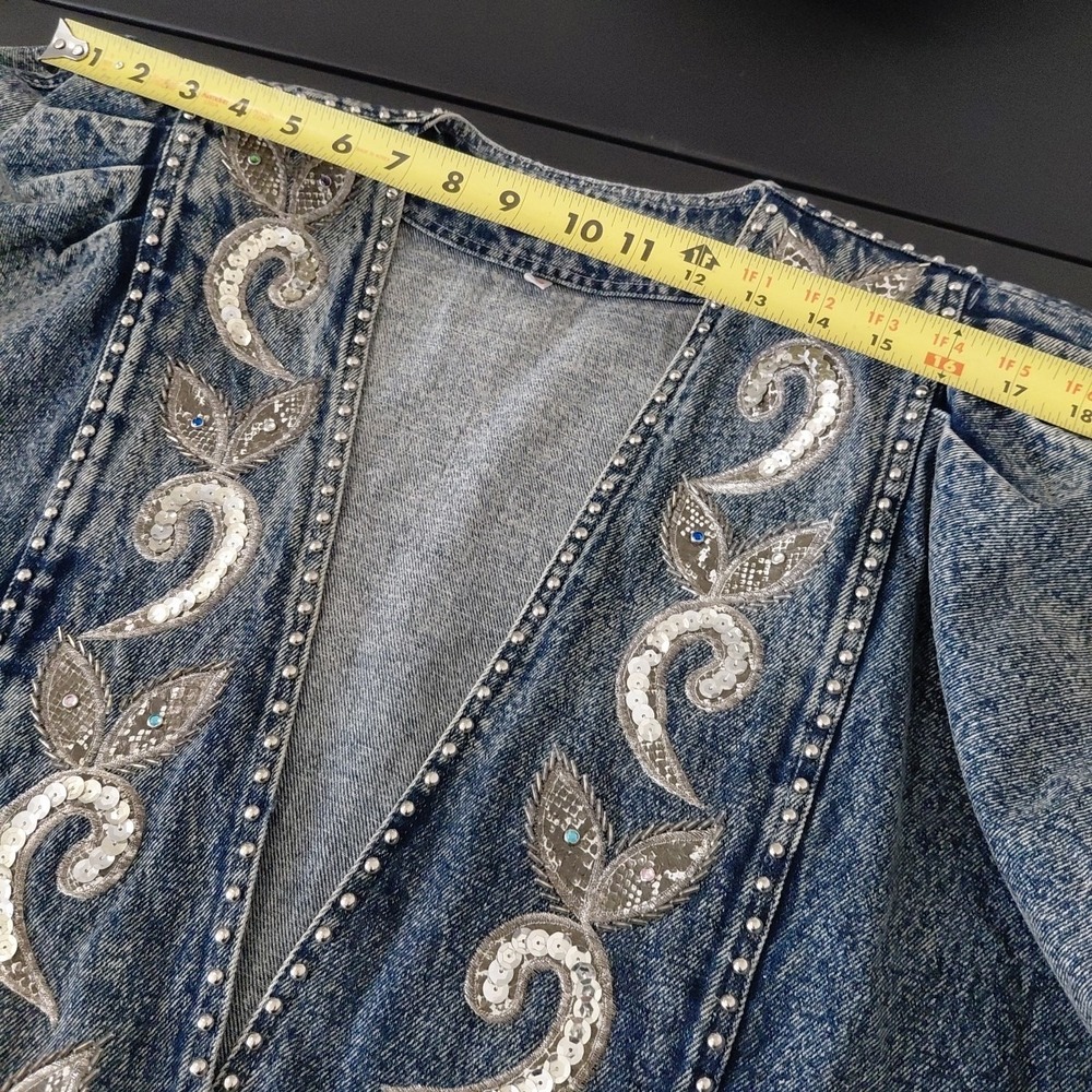 80's Bling Denim Jacket Womens Medium Acid Wash Deep V 90210 Preppy Retro Punk - Picture 11 of 16